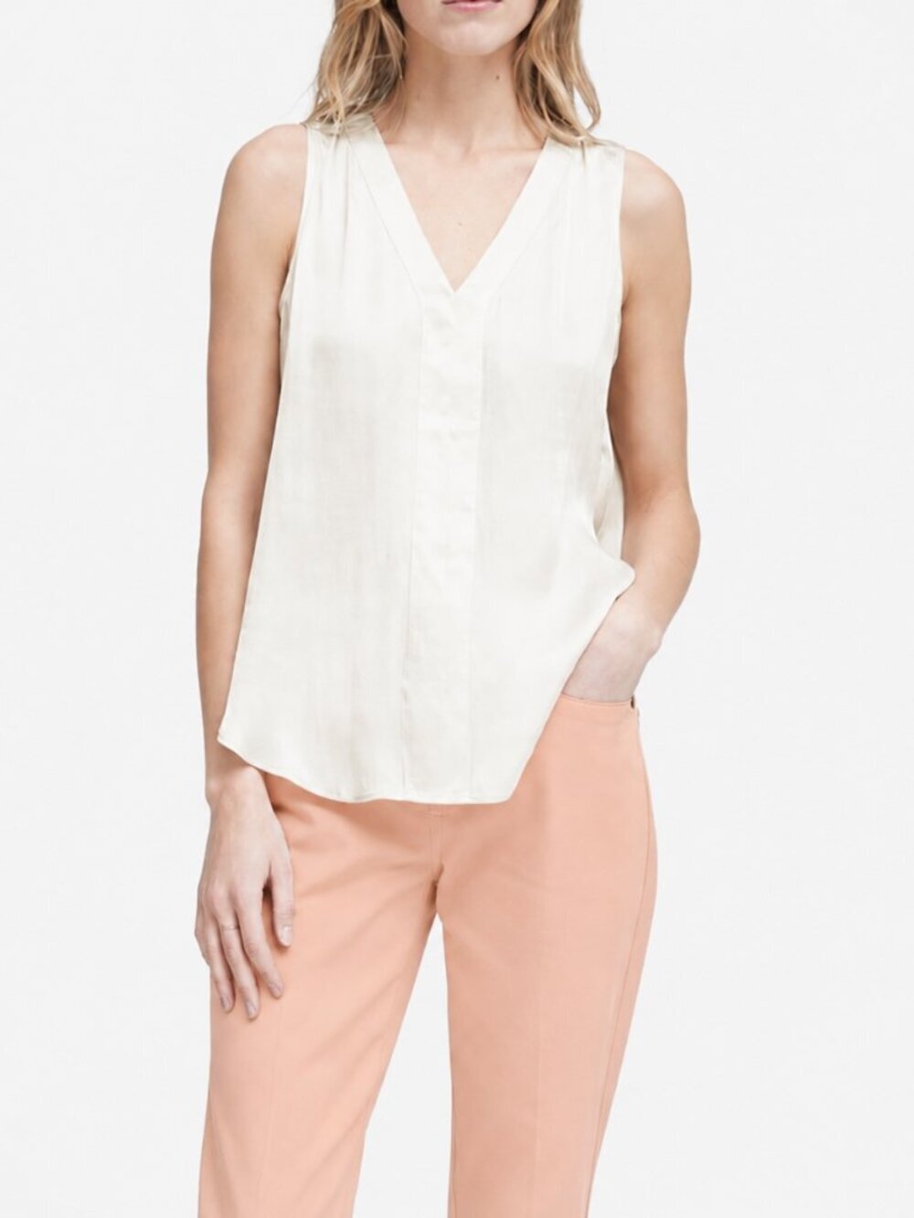 Banana Republic Soft Satin Sleeveless V-Neck Pleated Top Snow Day XS #A2572